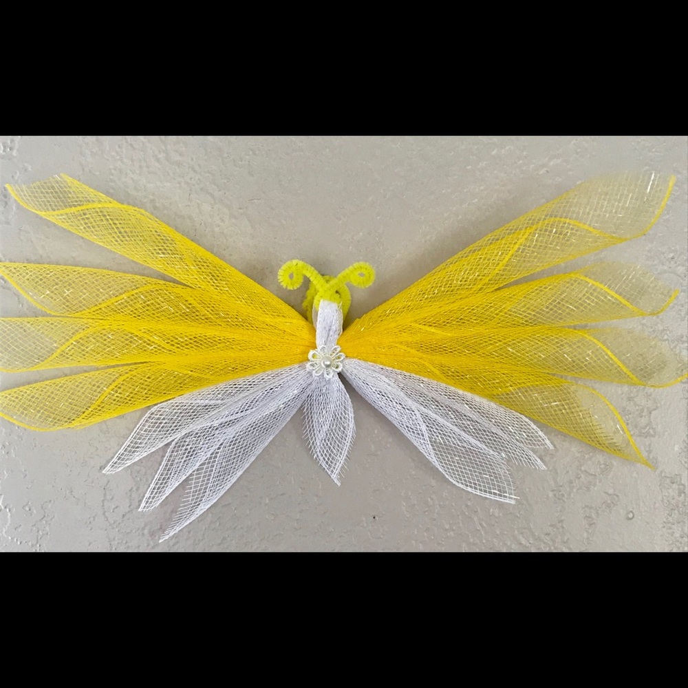 Deco mesh butterfly wall hanging, yellow & white